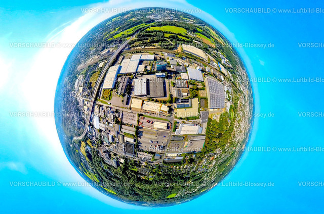 Wuppertal240890642EDE | Luftbild, Gewerbegebiet Dieselstraße mit EDE Einkaufsbüro Deutscher Eisenhändler GmbH, Erdkugel, Fisheye Aufnahme, Fischaugen Aufnahme, 360 Grad Aufnahme, tiny world, little planet, fisheye Bild, Fleute, Wuppertal, Ruhrgebiet, Nordrhein-Westfalen, Deutschland