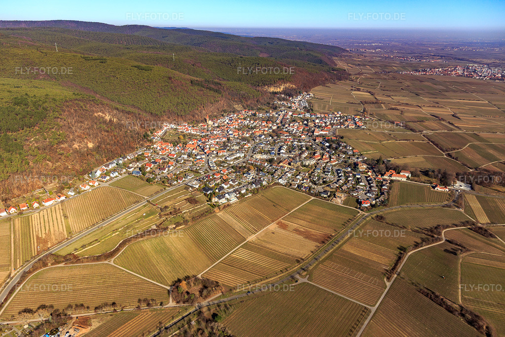 Luftbild: Winzerdorfansicht aus Süden im Winter ohne Schnee im Ortsteil Königsbach in Neustadt im Bundesland Rheinland-Pfalz in Deutschland. Foto: IMG_112780.jpg vom 27.02.2019 durch Werner Riehm/FLY-FOTO.de