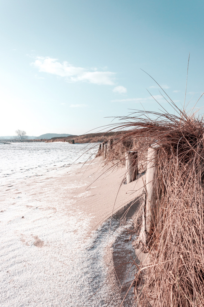 Wandbild: Strandhafer und Schnee am Strand | Dieses Wandbild im Hochformat zeigt einen leicht verschneiten Sandstrand im Winter. In einige Bereichen ist das natürliche beige des Sandstrands zu sehen. Auf der rechten Seite befinden sich einige Pfählen zwischen denen Strandhafer wachst. Am dezent blauen Himmel befindet sich eine kleine weiße Wolke. Dieses Wandbild ist als Leinwand, als Acrylglas und Aluminium-Platte in vielen Abmessungen erhältlich. Holen Sie sich jetzt Urlaubsfeeling mit pastellartigen Farben für Ihr Zuhause. Ideal fürs Wohnzimmer, Schlafzimmer, Küche aber auch für das Büro oder die Praxis. - Realisiert mit Pictrs.com