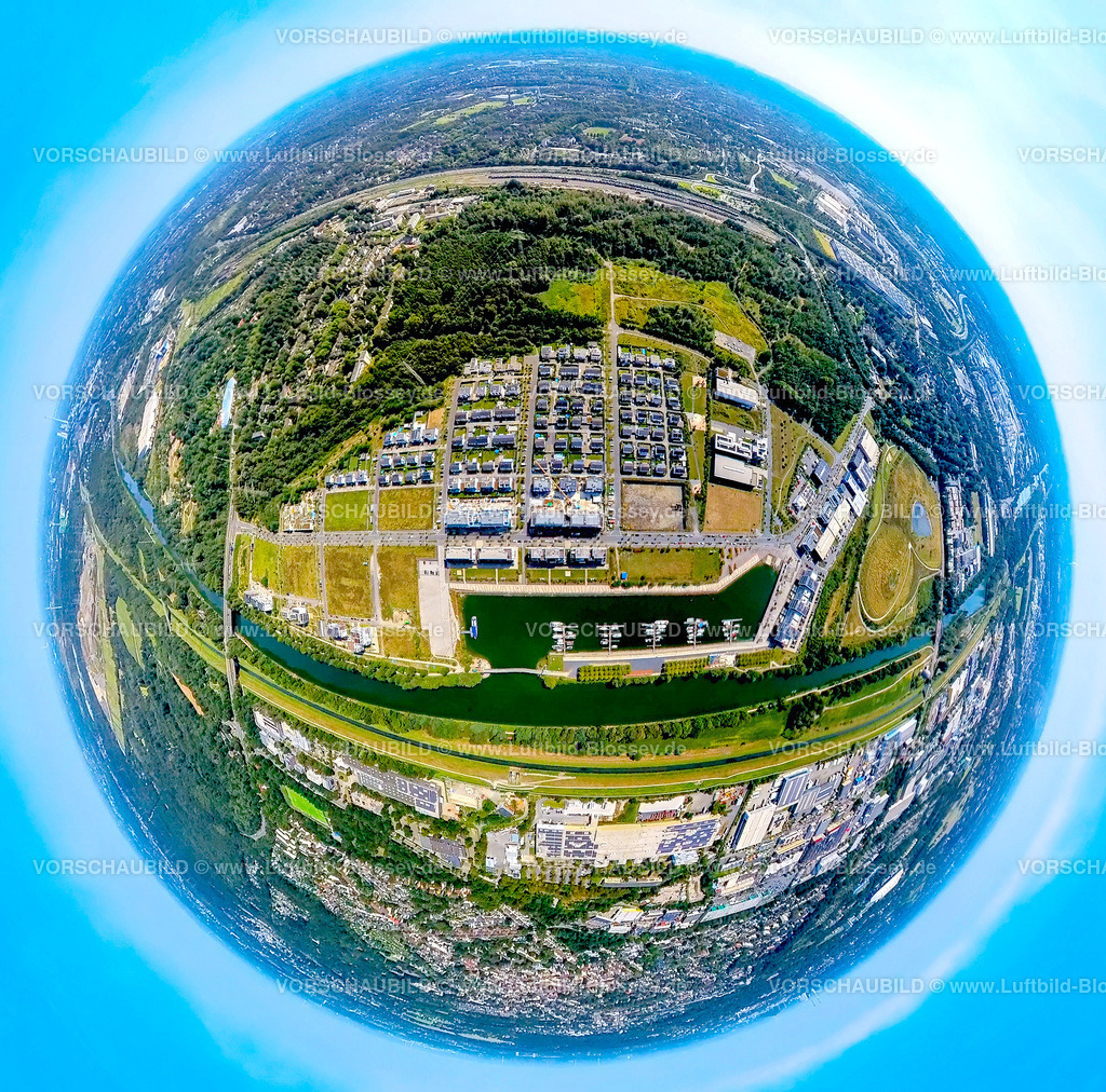 Gelsenkirchen240890575Emscher_GrafBismarck | Luftbild, neues Stadtquartier Graf Bismarck Wohnanlage und Stölting Marina Yachthafen am Rhein-Herne-Kanal und Fluss Emscher, Erdkugel, Fisheye Aufnahme, Fischaugen Aufnahme, 360 Grad Aufnahme, tiny world, little planet, fisheye Bild, Bismarck, Gelsenkirchen, Ruhrgebiet, Nordrhein-Westfalen, Deutschland