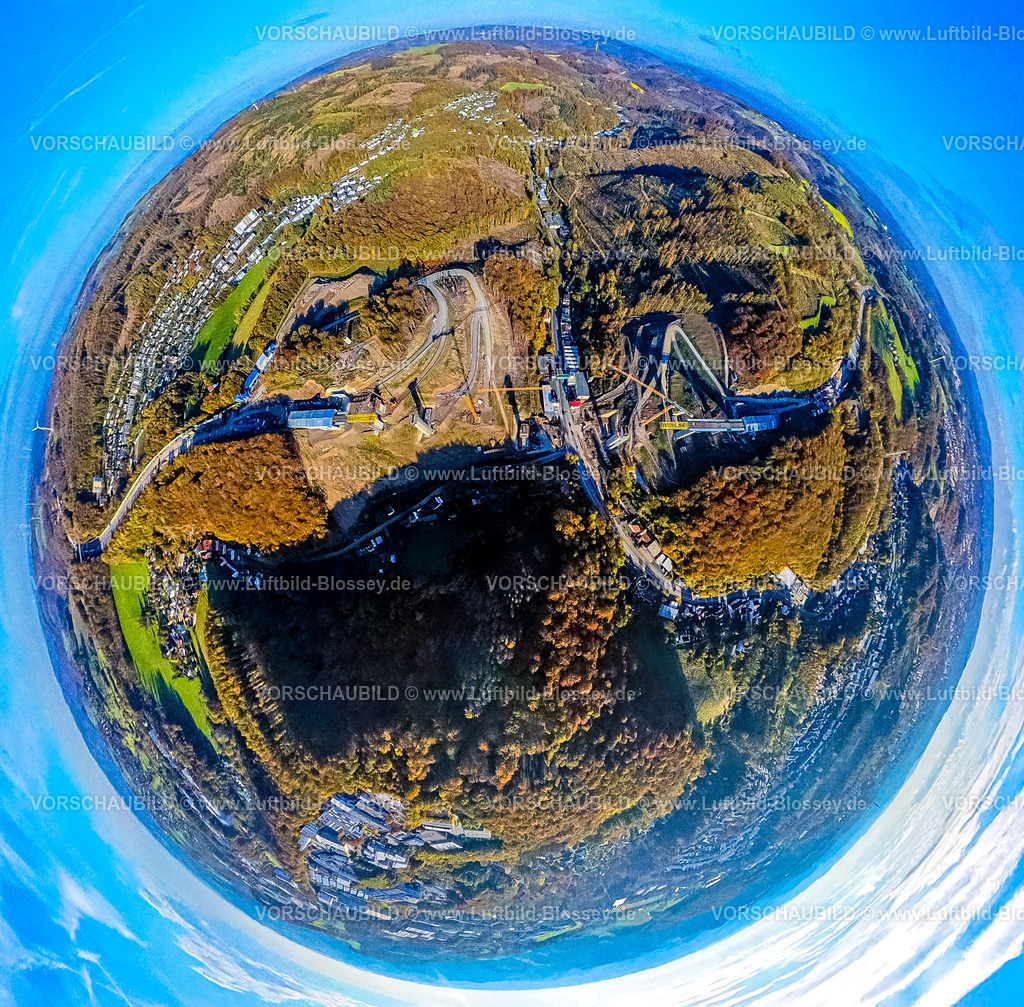 Luedenscheid241090450Rahmedebruecke | Luftbild, Großbaustelle und Neubau der Rahmedetalbrücke der Autobahn A45, Waldgebiet Sauerland, Erdkugel, Fisheye Aufnahme, Fischaugen Aufnahme, 360 Grad Aufnahme, tiny world, little planet, fisheye Bild, Gevelndorf, Lüdenscheid, Ruhrgebiet, Nordrhein-Westfalen, Deutschland