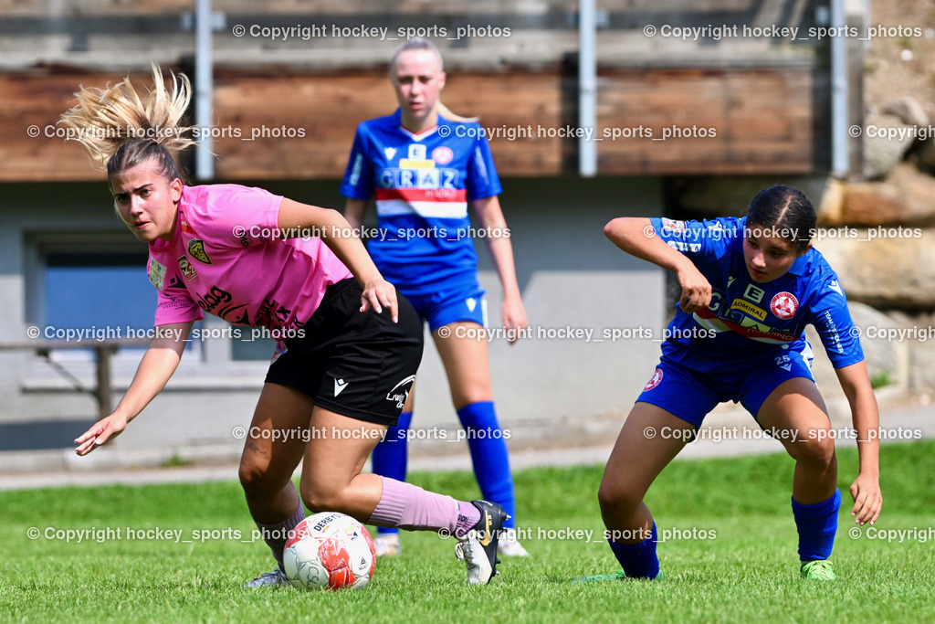 Carinthians Hornets vs. GAK 1902 Frauen | #9 Alicia Morgenstern Carinthians Hornets, #25 Viola Parvizi GAK, Carinthians Hornets vs. GAK 1902 Frauen, Carinthians Hornets vs. GAK 1902 Frauen am 01.09.2024 in Sachsenburg (Sportplatz Sachsenburg), Austria, (Photo by Bernd Stefan)