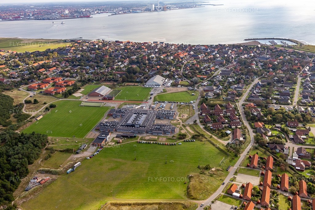 Aerial view: School and library in the district Nordby in Fanø in the state South Denmark, Denmark.Photo: IMG_118551.jpg taken on 09/21/2019 by Werner Riehm/FLY-FOTO.comResolution of the original: 5472 x 3648 px