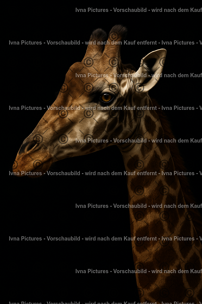 Giraffe im Schatten | Vor schwarzem Hintergrund ragt der elegante Hals einer Giraffe mit markantem Kopf empor. Die feinen Muster ihres Fells treten deutlich hervor und unterstreichen ihre anmutige Erscheinung. - Realisiert mit Pictrs.com