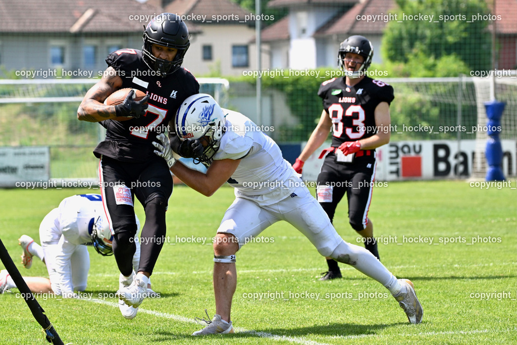 Carinthian Lions vs. Cineplexx Blue Devils | #7 Monai Simon Carinthian Lion, #83 Schimpl Peter Carinthian Lion, Carinthian Lions vs. Cineplexx Blue Devils, Carinthian Lions vs. Cineplexx Blue Devils am 09.06.2025 in Klagenfurt (ASV Sportplatz), Austria, (Photo by Bernd Stefan)