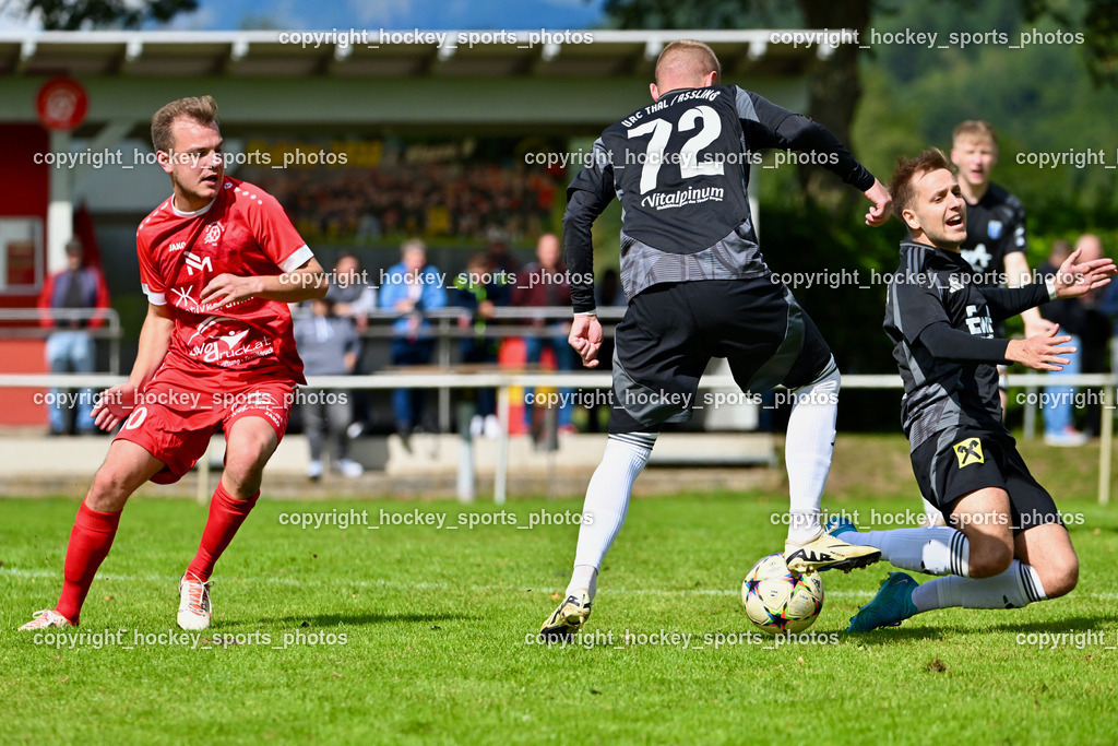 SV Rothentuhurn vs. URC Thal Assling | #10 Thomas Platzer SV Rothenthurn, #72 Jasmin Dindic URC Thal Assling, #17 Maximilian Ortner URC Thal Assling, SV Rothentuhurn vs. URC Thal Assling, SV Rothentuhurn vs. URC Thal Assling am 15.09.2024 in Rothenthurn (Sportplatz Rothenthurn), Austria, (Photo by Bernd Stefan)