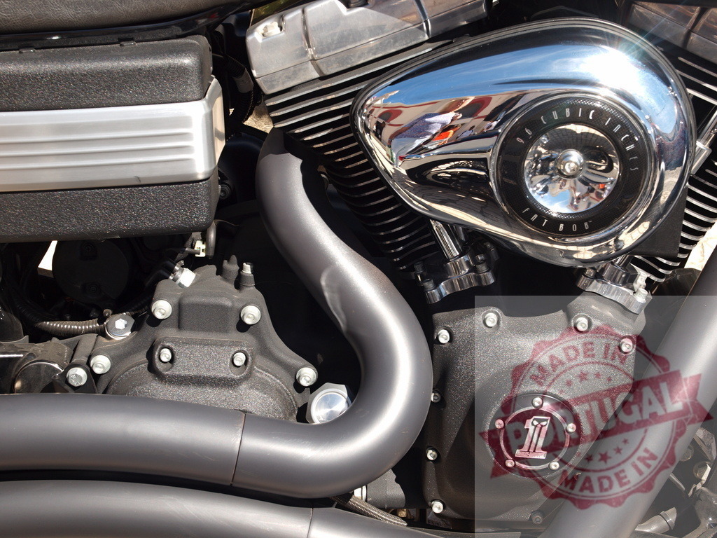 Harley Davidson Fat Bob motorcycle engine detail showing chrome | Harley Davidson Fat Bob motorcycle engine showing matte black and shiny chrome parts - Realized with Pictrs.com