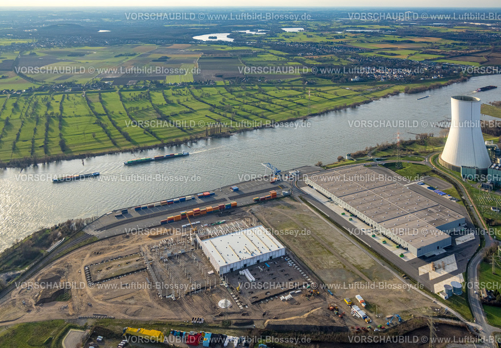 Duisburg230101144 | Luftbild, logport VI, Baustelle mit Neubau am STEAG Kraftwerk Walsum am Fluss Rhein, Alt-Walsum, Duisburg, Ruhrgebiet, Nordrhein-Westfalen, Deutschland