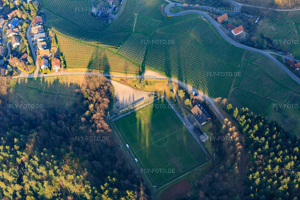 Luftbild: Sportplatz Sasbachwalden zwischen Wald und Reben des Sport Verein Sasbachwalden im Ortsteil Büchelbach in Sasbachwalden im Bundesland Baden-Württemberg in Deutschland. Foto: IMG_097702.jpg vom 16.03.2017 durch Werner Riehm/FLY-FOTO.deSV Sasbachwalden