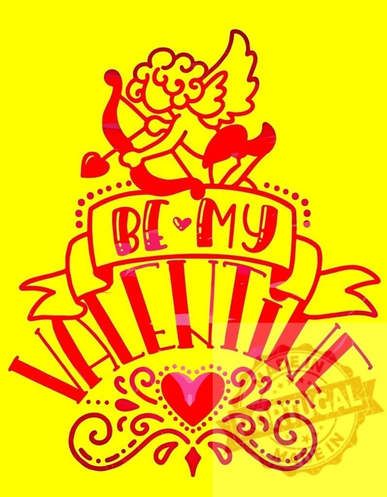 Cupid shooting bow arrow, Be My Valentine message | Cupid with bow and arrow above a heart and Be My Valentine typography - Realisiert mit Pictrs.com