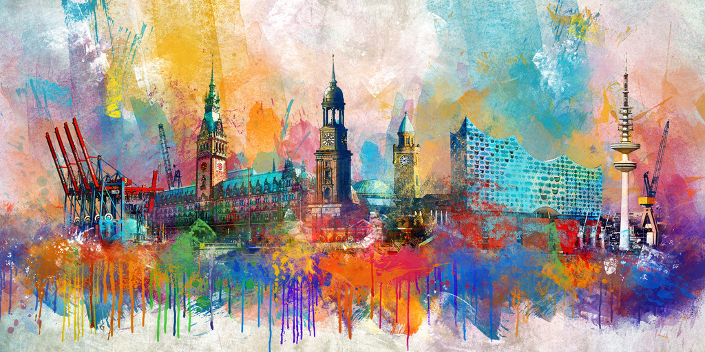 10260501 - Hamburg Pop Art Skyline | Kunstvolle Hamburg Skyline im Pop Art Stil, aufwendig digital nachbearbeitet. Bestellen Sie dieses Motiv exklusiv bei uns in vielen Größen und Ausführungen.