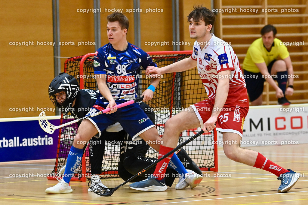 VSV Unihockey vs. KAC Floorball 4.2.2023 | #25 Noah Banfield, #98 Marco Tschemernjak, #96 Clemens Meixner