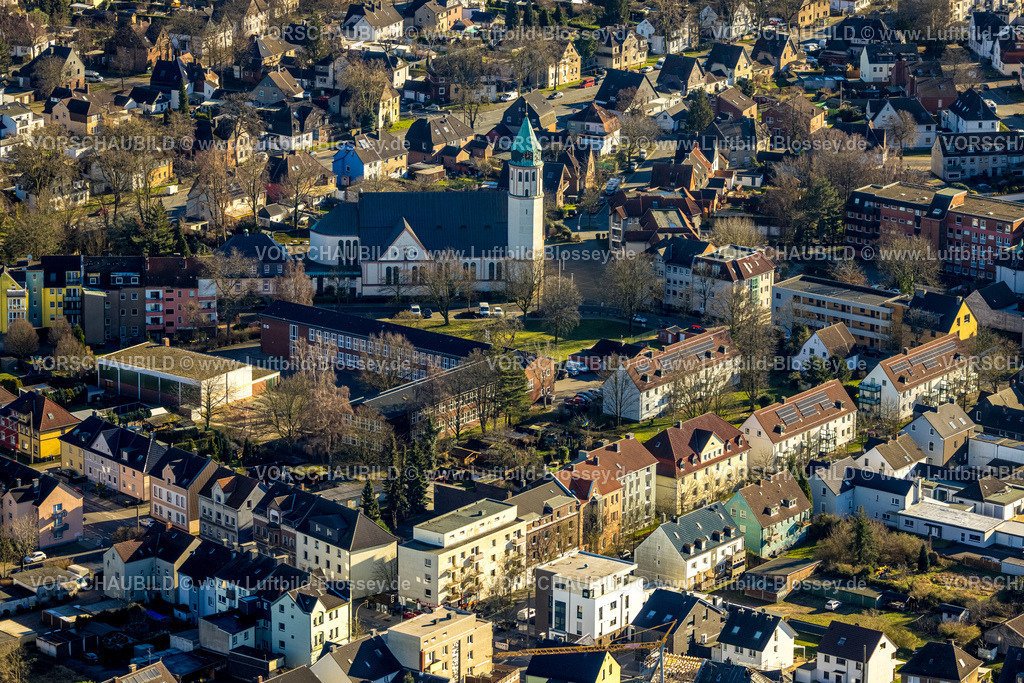 Castrop-Rauxel240106910 | Luftbild, Wohngebiet und kath. St. Josef KIrche mit der Grundschule Erich-Kästner-Schule, Habinghorst, Castrop-Rauxel, Ruhrgebiet, Nordrhein-Westfalen, Deutschland
