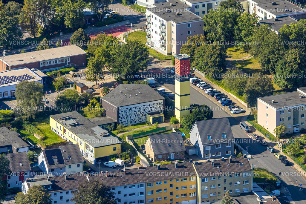 Velbert240812034Neviges | Luftbild, Andachtsstätte evang. Kirche Gemeindezentrum Siepen und gelb-rotem Kirchturm, Neviges, Velbert, Ruhrgebiet, Nordrhein-Westfalen, Deutschland
