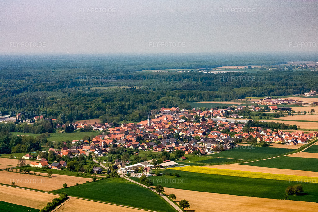 Luftbild: Ortsansicht von Nordosten in Niederrœdern im Bundesland Bas-Rhin in Frankreich.Foto: IMG_18129.jpg vom 03.05.2009 durch Werner Riehm/FLY-FOTO.deAuflösung des Originals: 3999 x 2666 px