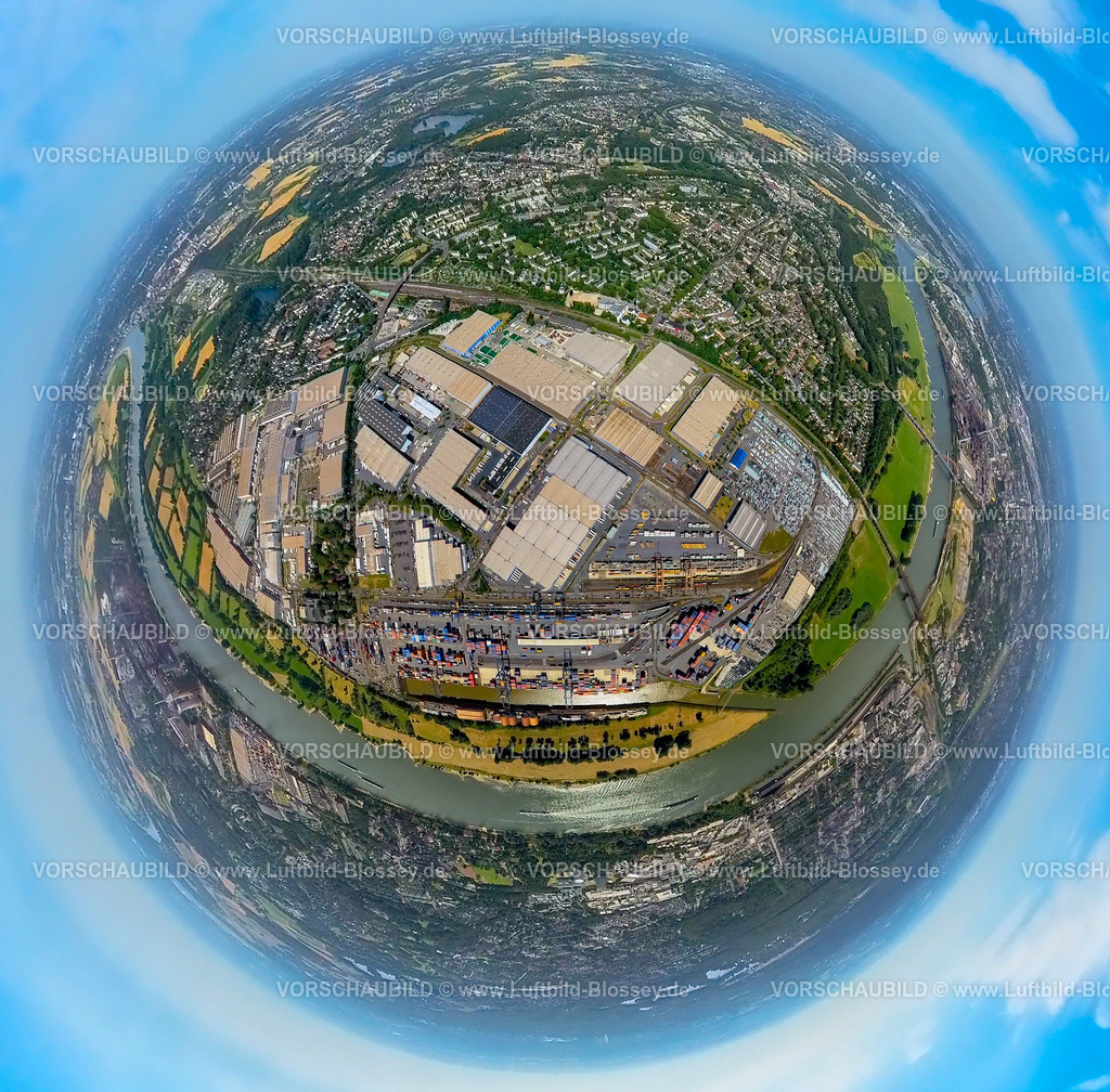 Duisburg230790226_LogPort I Rheinhausen | Luftbild, logport I am Fluss Rhein, Erdkugel, Fisheye Aufnahme, Fischaugen Aufnahme, 360 Grad Aufnahme, tiny world, Friemersheim, Duisburg, Ruhrgebiet, Nordrhein-Westfalen, Deutschland