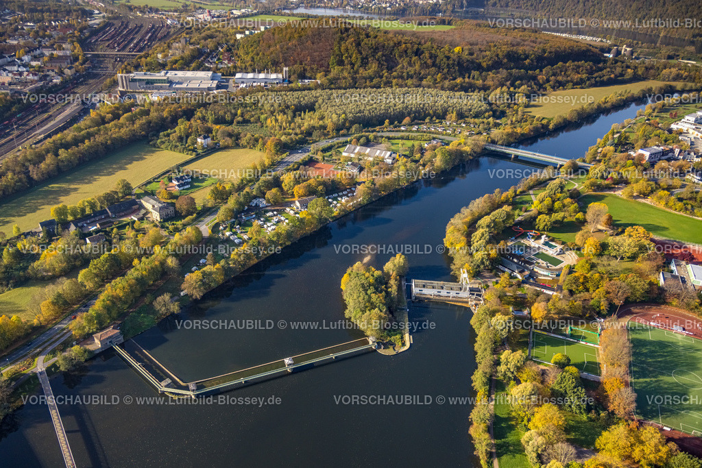 Hagen221015288 | Luftbild, Wehr Stiftsmühle, neue Radbrücke, Autobahn A1, Fluss Ruhr, Vorhalle, Hagen, Ruhrgebiet, Nordrhein-Westfalen, Deutschland