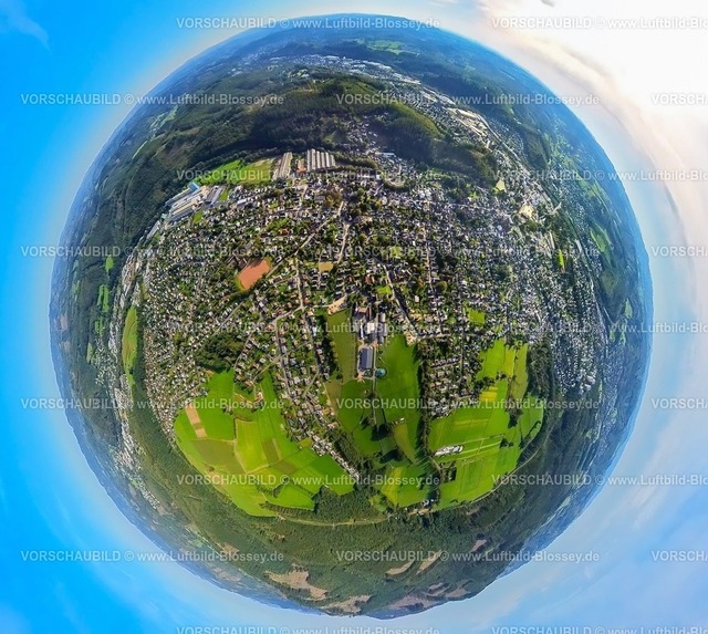 Kreuztal230990388Ferndorf | Luftbild, Ortsansicht Ortsteil Ferndorf, Erdkugel, Fisheye Aufnahme, Fischaugen Aufnahme, 360 Grad Aufnahme, tiny world, Ferndorf, Kreuztal, Sauerland, Nordrhein-Westfalen, Deutschland