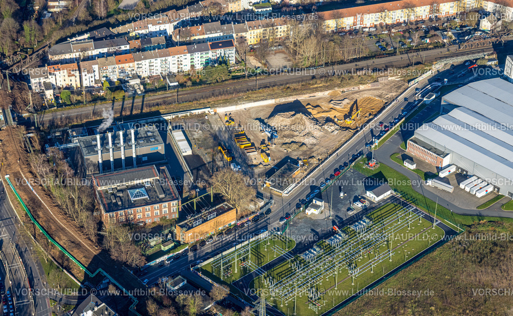 Dortmund251203002 | Luftbild, Gewerbegebiet Weißenburger Straße mit Brachfläche, DEW 21 Kraftwerk Dortmund rauchende Schornsteine, Kaiserbrunnen, Dortmund, Ruhrgebiet, Nordrhein-Westfalen, Deutschland