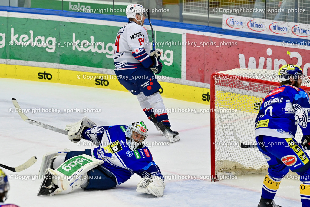 EC IDM WÄRMEPUMPEN VSV vs. HYDRO FEHERVAR AV 19 | #14 Sebok Balazs HYDRO FEHERVAR, #1 LAMOUREUX JEAN PHILIPPE EC VSV, Tor Hydro Fehervar, EC IDM WÄRMEPUMPEN VSV vs. HYDRO FEHERVAR AV 19, EC IDM WÄRMEPUMPEN VSV vs. HYDRO FEHERVAR AV 19 am 20.11.2024 in Villach (Stadthalle Villach), Austria, (Photo by Bernd Stefan)