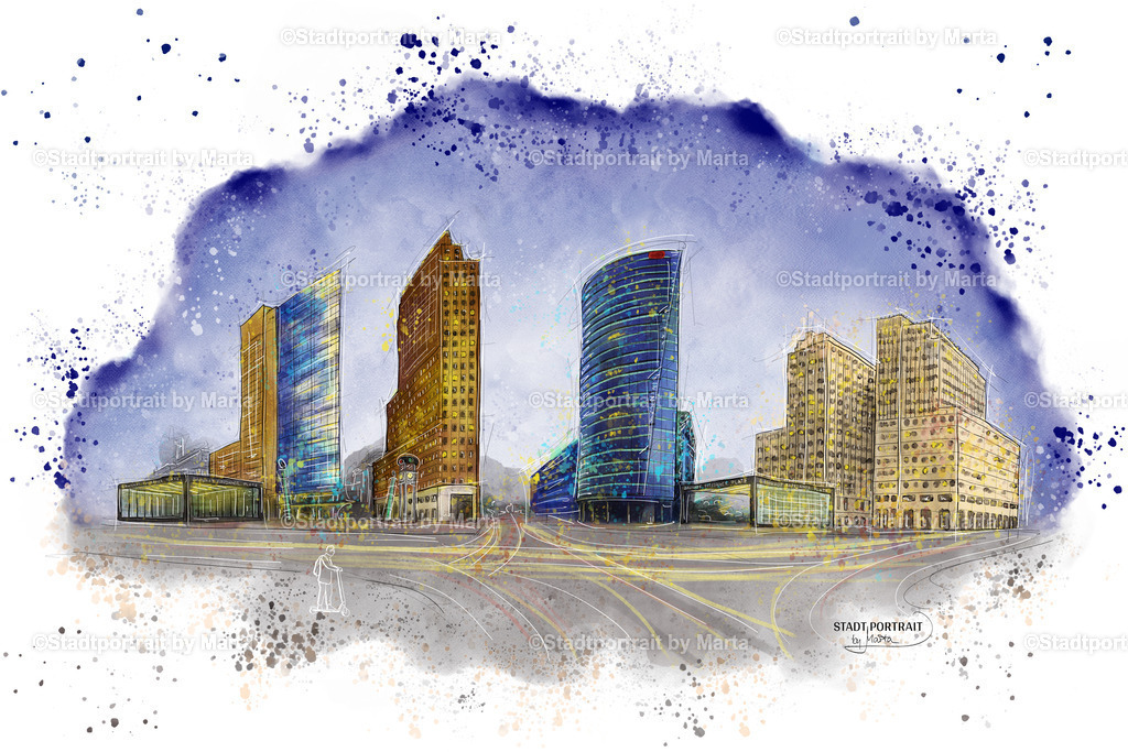 Potsdamer Platz Berlin – Stadtportrait by Marta | Es wird Nacht am Potsdamer Platz in Berlin. Und wie es sich für eine Großstadt gehört, bleibt die City wach und lebendig. Ein stimmungsvolles Stadtportrait der markanten Skyline und modernen Architektur. Erhältlich als Wandbild hinter Acrylglas, auf Alu-Dibond oder als Kunstdruck.