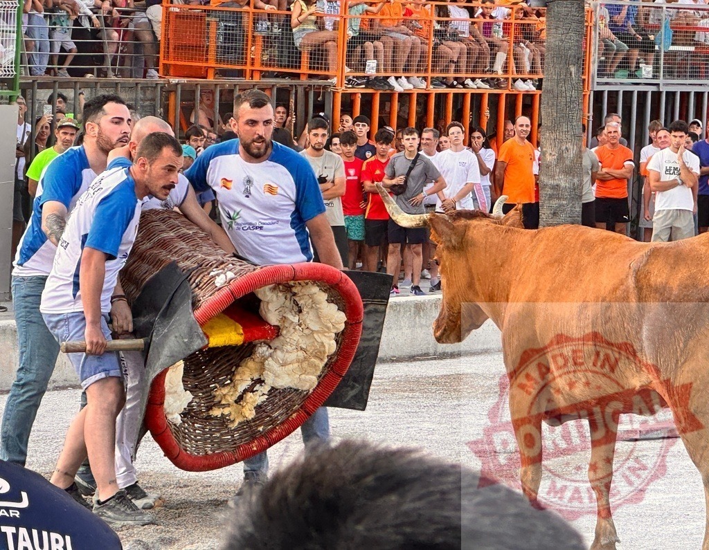 People carrying a dummy bull while onlookers watch | People participating in a traditional bull festival with a dummy bull and a live bull - Realized with Pictrs.com