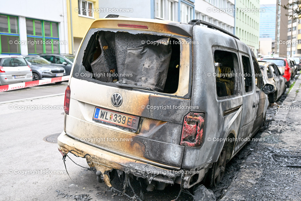 Linz_ Anatasius Gruen Strasse_ Fahrzeugbrand_ 11.06.2024-7 | 10.06.2024, Linz, AUT, Anatasius Gruen Strasse, Fahrzeugbrand im Bild Brandstelle, Ausgebrannte Fahrzeuge, Polizei