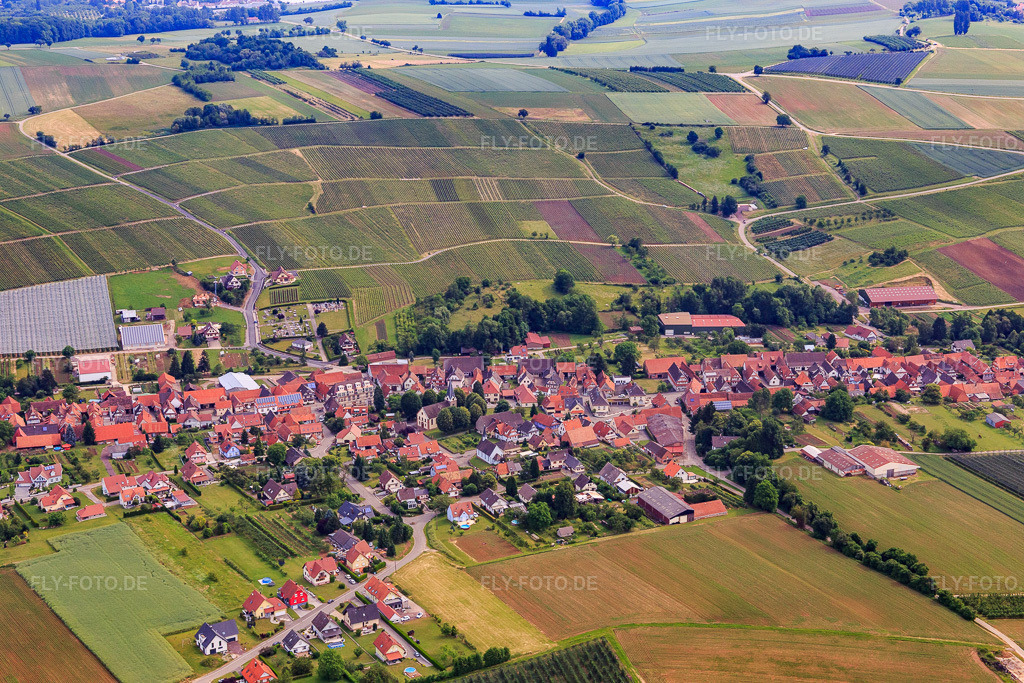 Luftbild: Ortsansicht von Südwesten in Steinseltz im Bundesland Bas-Rhin in Frankreich. – Foto: IMG_100729.jpg vom 05.06.2017 durch Werner Riehm/FLY-FOTO.de – Auflösung des Originals: 5472 x 3648 px