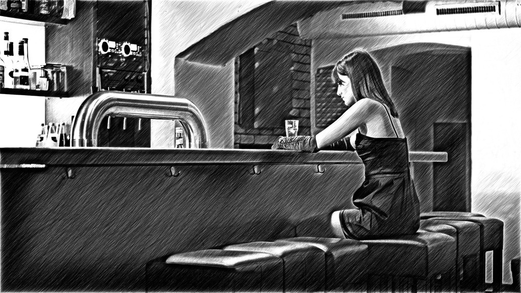 The Last Guest | In The Last Guest, a quiet moment unfolds after the conversations have faded and the room has begun to empty. Rendered as a monochrome sketch, the image transforms an ordinary bar scene into a study of solitude and reflection. The strong architectural lines, the empty seats and the single figure at the counter create a sense of stillness that invites interpretation. Is it the end of an evening, the beginning of a new thought, or simply a pause between moments? Reduced to light, shadow and texture, the scene captures the subtle poetry often hidden within everyday places. Available as a museum-quality fine art print. Part of the Fragments of Silence Collection. - Realisiert mit Pictrs.com