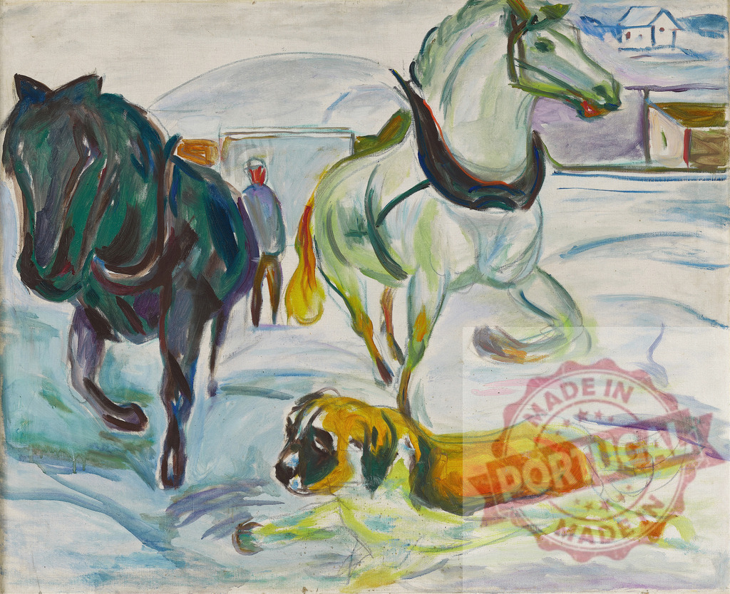 Edvard Munch painting horses dog snow winter landscape | Edvard Munch Edvard Munch painting showing two horses, a dog, and a person in a snowy winter landscape - Realized with Pictrs.com
