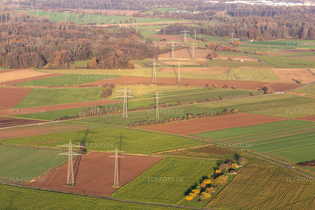 Luftbild: Reflektoren an Hochspannungsleitung in Offenburg im Bundesland Baden-Württemberg in Deutschland. Foto: IMG_119975.jpg vom 30.11.2019 durch Werner Riehm/FLY-FOTO.de