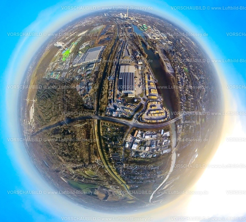 Herne240190093CTH_ContainerTerminalHerne | Luftbild, CTH Container Terminal Herne GmbH Am Westhafen, Rhein-Herne-Kanal und Schleuse Wanne-Eickel, Erdkugel, Fisheye Aufnahme, Fischaugen Aufnahme, 360 Grad Aufnahme, tiny world, little planet, fisheye Bild, Unser Fritz, Herne, Ruhrgebiet, Nordrhein-Westfalen, Deutschland