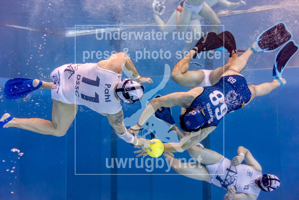 Deutsche Meisterschaft 2024 in Unterwasser-Rugby | Vorrundenspiel: DUC Krefeld in blau gegen DSSC Duisburg in weiß. Der Duisburger Spieler mit der Nummer 11 Dennis Pahl kämpft mit dem Krefelder Yannik Pieper mit der Nummer 68 um den Spielball. - Realisiert mit Pictrs.com