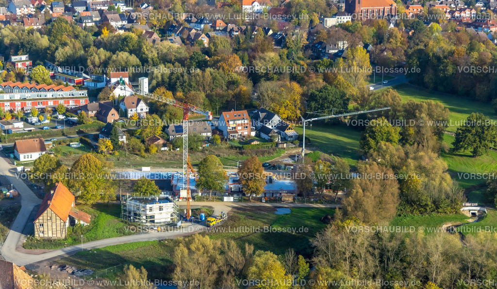 Hamm221015003 | Luftbild, Baustelle und Neubau, Schlossmühle am Mühlengraben und Mühlenteich, Herbstfarben, Heessen, Hamm, Ruhrgebiet, Nordrhein-Westfalen, Deutschland