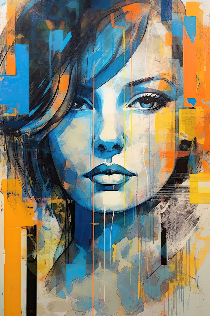 2309012 - Abstrakte Schönheit | Modernes digitales Gemälde eines Frauengesichtes mit bunten abstrakten Pinselstrichen in orange und blau.