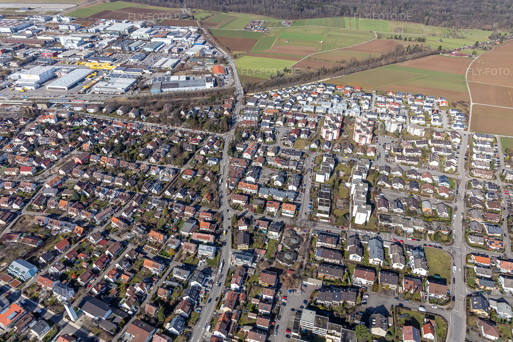 Luftbild: Rutesheimer Straße und Alemannenstr von Süden in Renningen im Bundesland Baden-Württemberg in Deutschland. Foto: IMG_124995.jpg vom 20.02.2021 durch Werner Riehm/FLY-FOTO.de