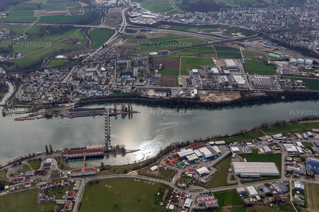 Aerial view: Rhine weir, power plant Augst in Augst in the state Basel countryside, Switzerland. – Photo: IMG_120232.jpg taken on 03/17/2020 by Werner Riehm/FLY-FOTO.com – Resolution of the original: 5472 x 3648 px