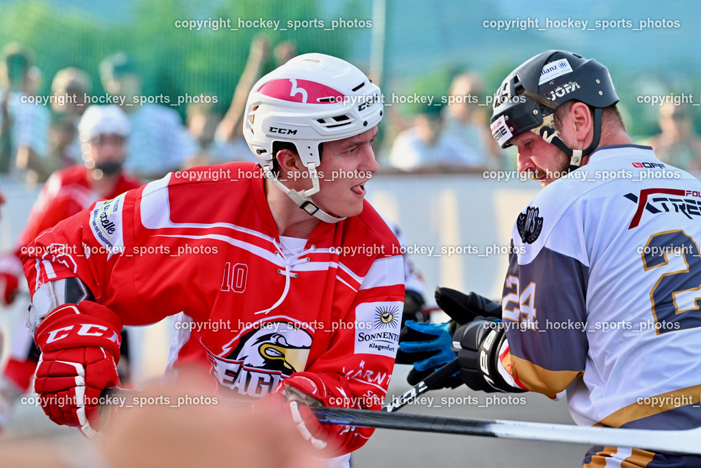 VAS Ballhockey vs. HSC Eagles Poggersdorf | #10 Sunitsch Marco, #24 Wucherer Gerald, VAS Ballhockey vs. HSC Eagles Poggersdorf, VAS Ballhockey vs. HSC Eagles Poggersdorf am 14.07.2024 in Villach (Alpen Arena ), Austria, (Photo by Bernd Stefan)