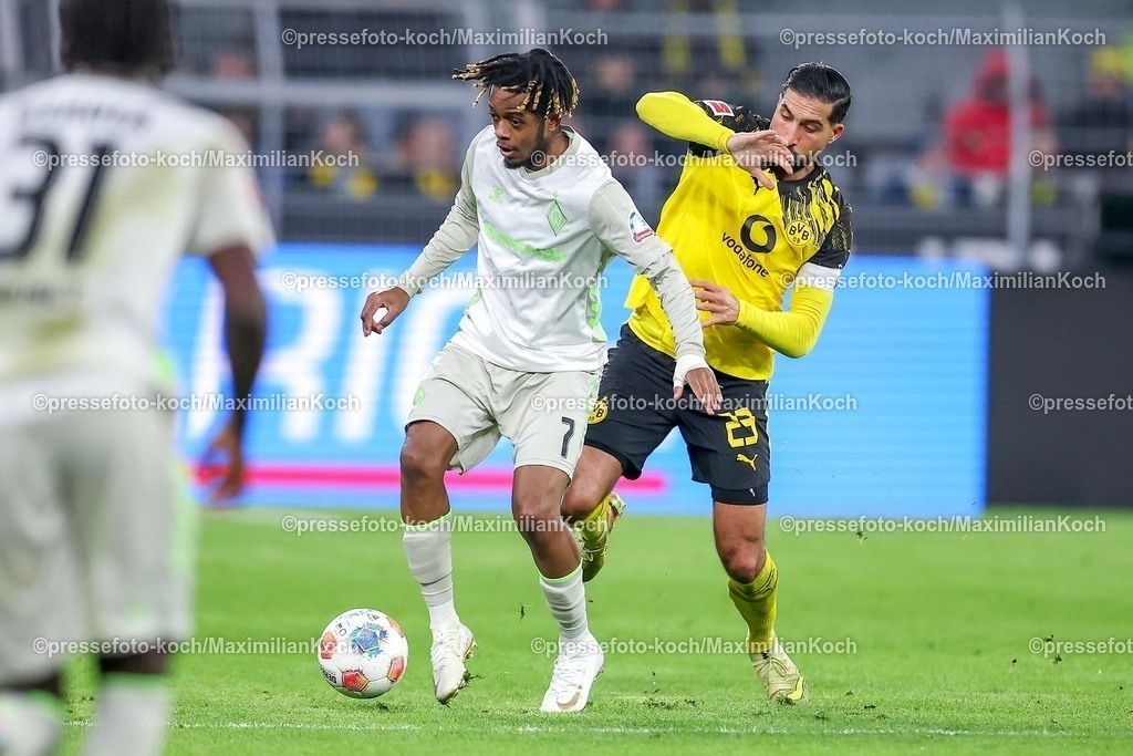 BVB13012601080 | 13.01.2026, Fußball, Borussia Dortmund - SV Werder Bremen,, 1. Fußball Bundesliga, 17. Spieltag, Signal Iduna Park, Saison 2025 2026: Samuel Mbangula (SV Werder Bremen #07) im Zweikampf gegen  Emre Can  (BVB #23)  DFB regulations prohibit any use of photographs as image sequences and or quasi-video.