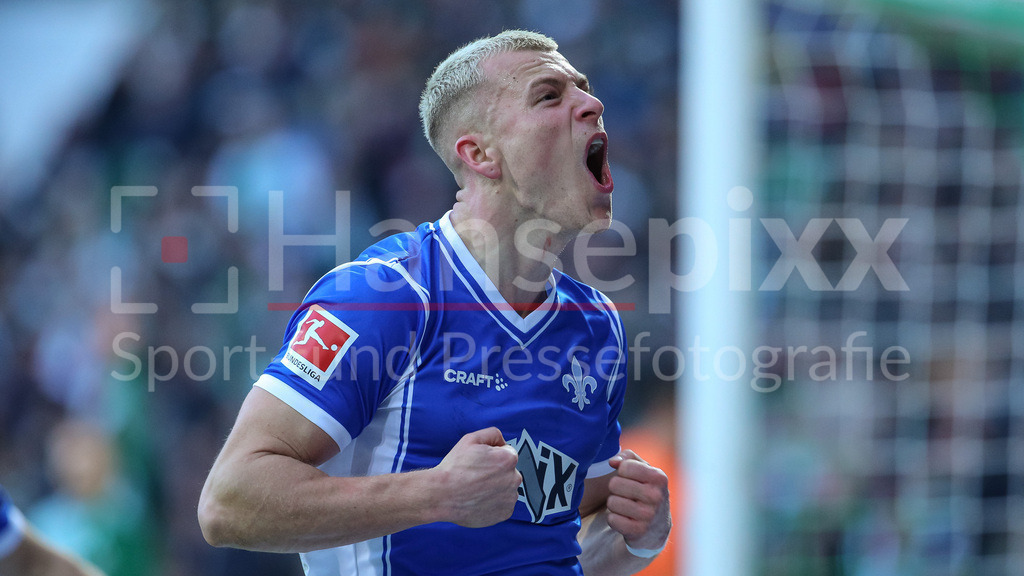 Fussball, Bundesliga, SV Werder Bremen - SV Darmstadt 98 | v.li.: Torschütze Tim Skarke (SV Darmstadt 98, 27) mit Torjubel, Jubel, jubeln, jubelt, optimistisch, Spielszene, Highlight, Freude über das aberkannte Tor, Abseitstor zum 1:2, DIE DFL-RICHTLINIEN UNTERSAGEN JEGLICHE NUTZUNG VON FOTOS ALS SEQUENZBILDER UND/ODER VIDEOÄHNLICHE FOTOSTRECKEN. DFL REGULATIONS PROHIBIT ANY USE OF PHOTOGRAPHS AS IMAGE SEQUENCES AND/OR QUASI-VIDEO.