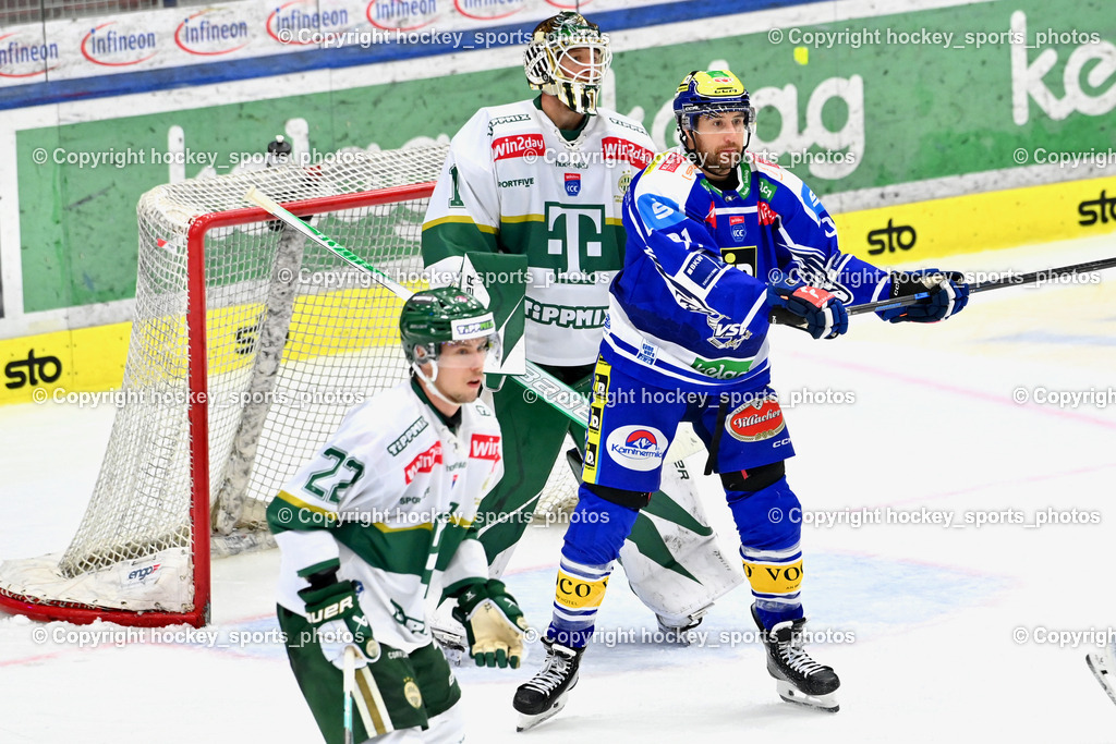 EC IDM WÄRMEPUMPEN VSV vs. FTC-TELEKOM JÉGKORONG | #22 Milan Horvath FTC-Telekom, #91 Nick Hutchison EC VSV, #1 Bence Balizs FTC-Telekom, EC IDM WÄRMEPUMPEN VSV vs. FTC-TELEKOM JÉGKORONG, EC IDM WÄRMEPUMPEN VSV vs. FTC-TELEKOM JÉGKORONG am 19.10.2025 in Villach (Stadthalle Villach), Austria, (Photo by Bernd Stefan)