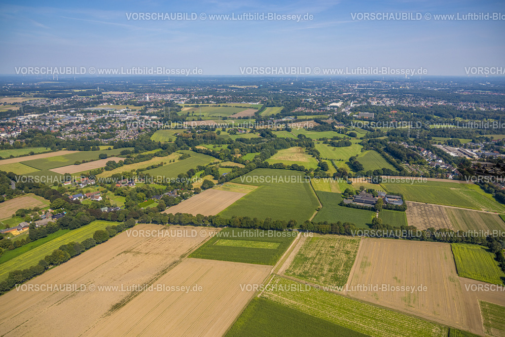 Gelsenkirchen240808241GE-Nord | Luftbild, Wiesen und Felder an der Böningstraße, gemähtes Wiesenstück, Eckermannshof Hofladen, Blick nach Herten mit Fernsicht, Resse, Gelsenkirchen, Ruhrgebiet, Nordrhein-Westfalen, Deutschland