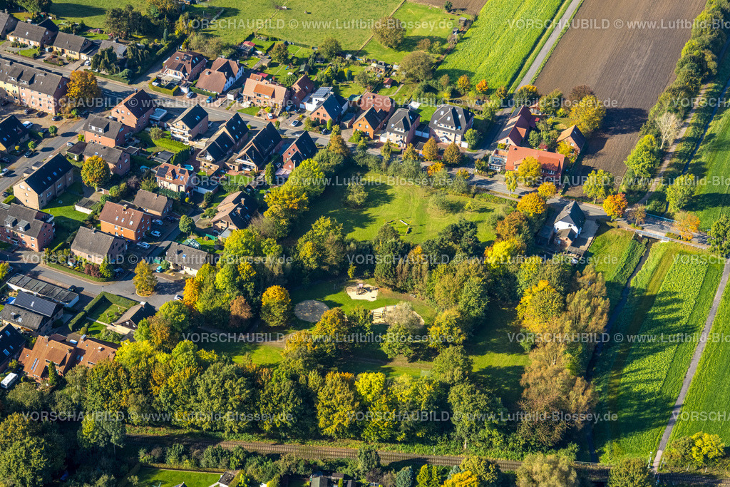 Selm241011627 | Luftbild, Wohngebiet Wohnhäuser Römerstraße und Römer Spielplatz, herbstliche Bäume, Selm, Münsterland, Nordrhein-Westfalen, Deutschland