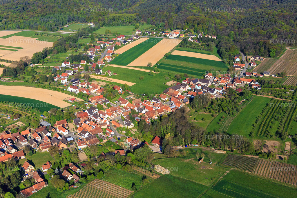 Aerial view: Rue des Tuiles in Cleebourg in the state Bas-Rhin, France. – Photo: IMG_099312.jpg taken on 04/30/2017 by Werner Riehm/FLY-FOTO.com – Resolution of the original: 5472 x 3648 px