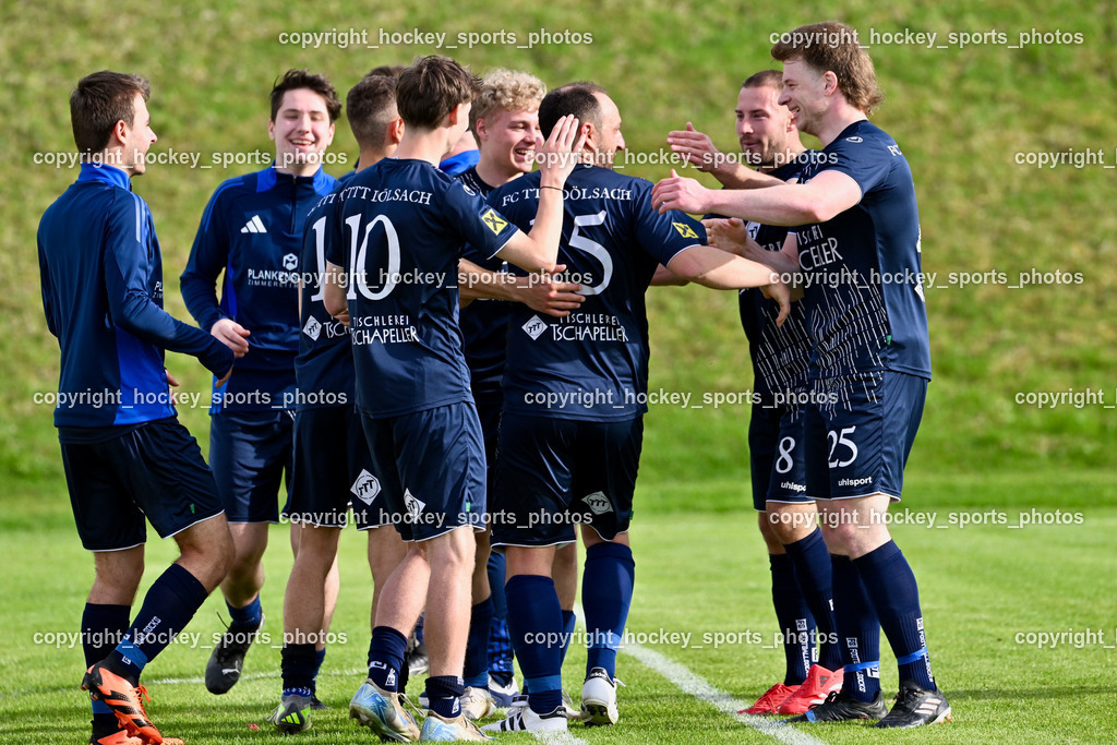 FC Faakersee vs. FC Dölsach | #13 Tobias Josef Nussbaumer FC Dölsach, #25 Niclas Christian Brandner FC Dölsach, #8 Silvio Mandl FC Dölsach, Jubel FC Dölsach Mannschaft, #15 Markus Bachmann FC Dölsach, Headcoach FC Dölsach Andreas Wenger, #12 Christian Brandstätter FC Dölsach, FC Faakersee vs. FC Dölsach, FC Faakersee vs. FC Dölsach am 20.04.2025 in Finkenstein (Sportplatz Finkenstein), Austria, (Photo by Bernd Stefan)