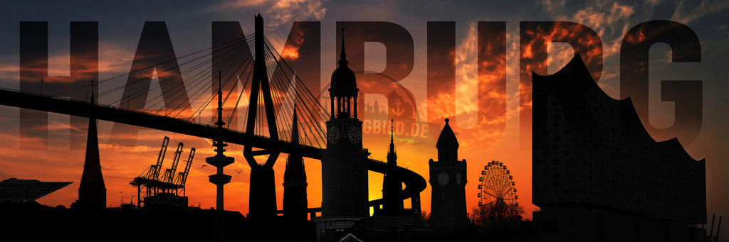 Hamburg Collage 22b | Ein faszinierendes Wandbild als Collage, das die Hamburger Sehenswürdigkeiten in seiner ganzen Pracht zeigt. Diese künstlerische Darstellung vereint verschiedene Perspektiven der Stadt, von den modernen Gebäuden der HafenCity bis zu den historischen Gebäuden der Stadt. Perfekt als dekoratives Wandbild für Liebhaber von Hamburg, bringt diese Collage die maritime Atmosphäre im Sonnenuntergang und das urbane Flair der norddeutschen Metropole in jeden Raum. Inkl. Hamburg-Schriftzug. - Realisiert mit Pictrs.com