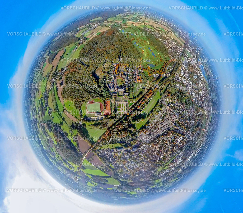 Kamp-Lintfort20221006_1Kloster-Kamp | Luftbild, Kloster Kamp, kath. Abteikirche, Klostergarten, Terrassengarten, Fisheye Aufnahme, Fischaugen Aufnahme, 360 Grad Aufnahme, Kamperbrück, Kamp-Lintfort, Fisheyeaufnahme, Ruhrgebiet, Nordrhein-Westfalen, Deutschland