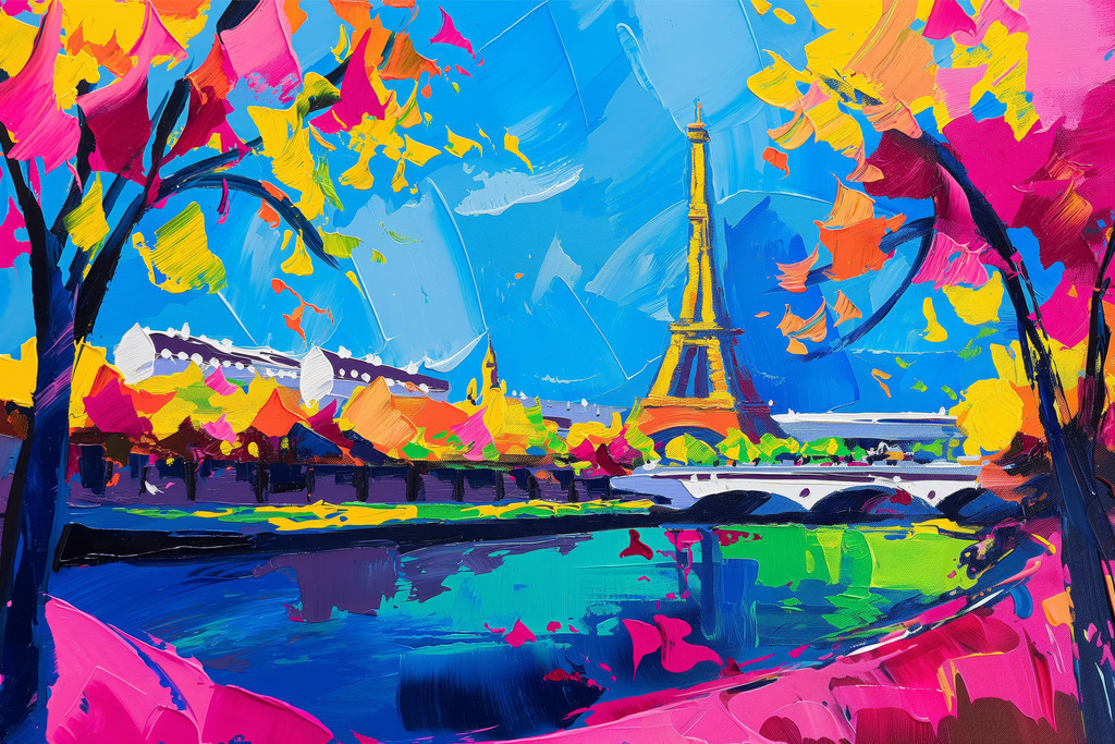 2502056 - Buntes Paris | Modernes Wandbild im Stil eines Gemäldes. Bestellen Sie dieses Motiv als hochwertigen Kunstdruck auf Leinwand, hinter Acrylglas, auf Alu-Dibond oder auch als Poster. 
