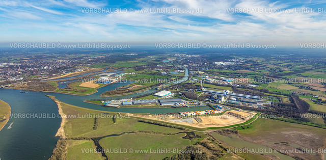 Voerde240310884 | Luftbild, Hafen Emmelsum, Fluss Rhein mit Rheinaue und Wesel-Datteln-Kanal mit Schleuse Friedrichsfeld, Sappi Logistics Wesel GmbH Logistikdienst und TRIMET Aluminium SE, Blick nach Friedrichsfeld und Fernsicht, Emmelsum, Voerde, Nordrhein-Westfalen, Deutschland