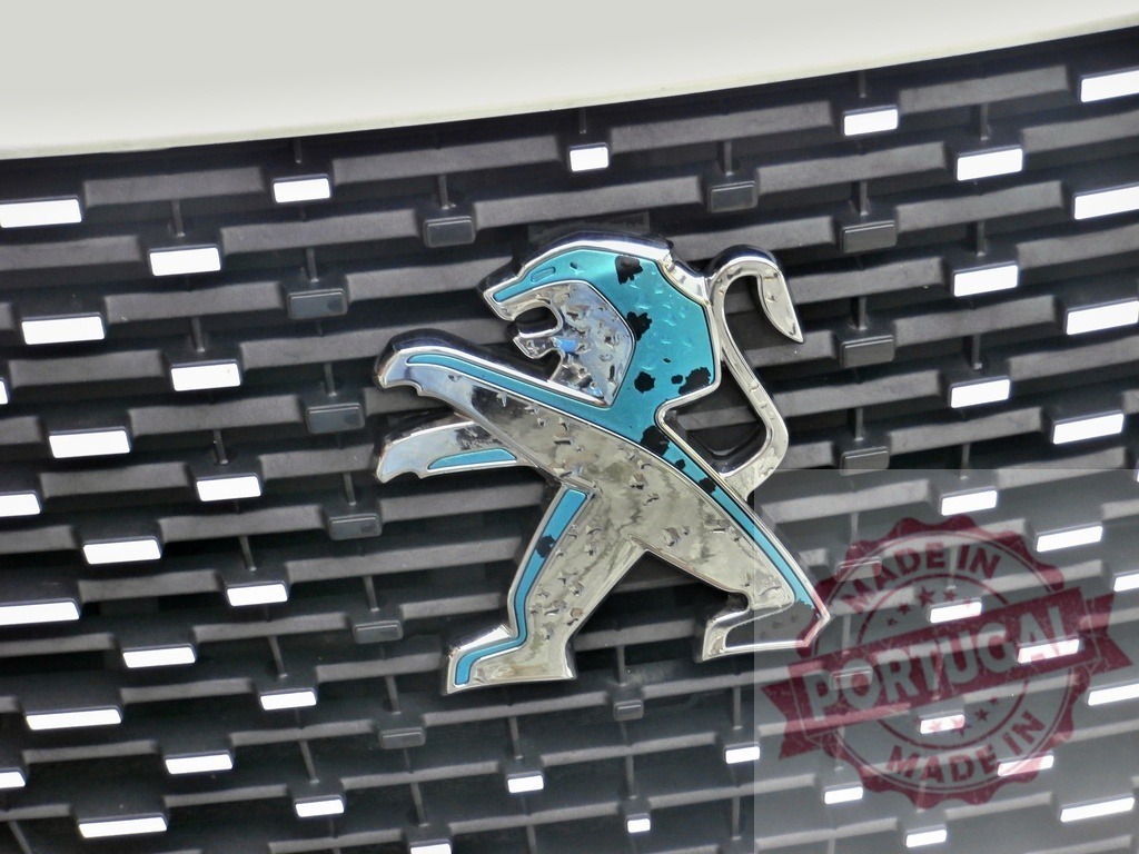 Peugeot logo with lion emblem on car grille | Peugeot lion emblem showing wear and tear on car front grille - Realized with Pictrs.com